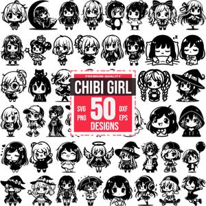 Chibi Girl SVG Bundle with 50 Cute Anime Style Characters for Cricut Projects, Kawaii Digital Clipart, Anime Girl svg, Girly Cartoon svg