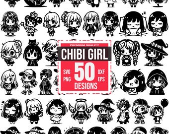 May include: A set of 50 black and white digital illustrations of chibi girls in various poses and outfits. The illustrations are in a cartoon style and feature a variety of accessories, such as hats, bows, and glasses. The text "PREMIUM QUALITY CHIBI GIRL 50 DESIGNS SVG PNG DXF EPS" is displayed in a red box.