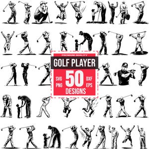 May include: A set of 50 black and white vector illustrations of golfers in various poses. The illustrations are in a vintage style and feature golfers swinging, putting, and walking. The text "PREMIUM QUALITY GOLF PLAYER 50 DESIGNS SVG PNG DXF EPS" is included in the image.