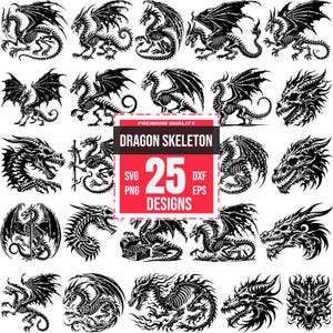 25 Dragon Skeleton SVG Bundle, Gothic Dragon PNG, Fantasy Skull DXF, Mythical Beast Clipart, Fire Dragon, Tattoo Style Vector Design