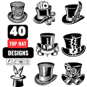 Puede incluir: Ilustraciones en blanco y negro de sombreros de copa con varios diseños. La imagen incluye un sombrero de copa con naipes, una pluma y engranajes. El texto dice "40 TOP HAT DESIGNS".