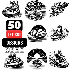 May include: 50 Jet Ski Designs in black and white. The designs feature a variety of jet ski riders, including a cat and a penguin. The designs are perfect for use on t-shirts, mugs, stickers, and more.
