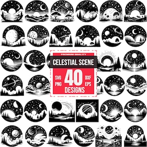 May include: A set of 40 black and white celestial scene illustrations. The illustrations feature moons, stars, planets, and landscapes. The illustrations are perfect for creating digital designs, crafts, and more.