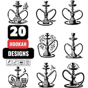 Könnte beinhalten: Schwarz-weiße Grafik mit neun Shisha-Designs. Das Bild enthält den Text "20 HOOKAH DESIGNS" in fetter Schrift. Die Designs variieren im Stil, mit komplizierten Mustern und gebogenen Schläuchen. Dateityp-Symbole sind ebenfalls enthalten.