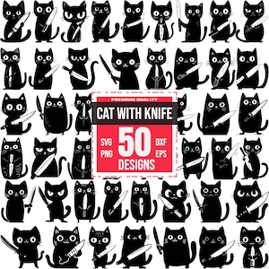 Könnte beinhalten: Ein Satz von 50 Schwarzweiß-Clipart-Bildern von Katzen, die Messer halten. Die Bilder sind in verschiedenen Posen und Ausdrücken. Der Text "PREMIUM QUALITY CAT WITH KNIFE 50 DESIGNS SVG PNG DXF EPS" befindet sich oben im Bild.