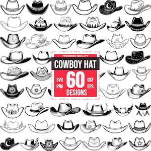 May include: A set of 60 black and white cowboy hat designs. The hats are in various styles, including classic, wide-brimmed, and embellished. The designs are perfect for crafting, scrapbooking, and other creative projects.