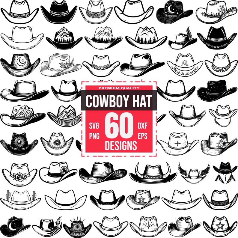 May include: A set of 60 black and white cowboy hat designs. The hats are in various styles, including classic, wide-brimmed, and embellished. The designs are perfect for crafting, scrapbooking, and other creative projects.