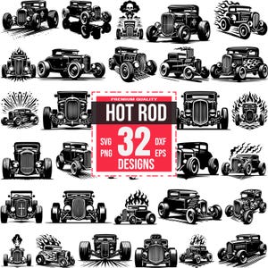 32 Hot Rod Car SVG Bundle, Vintage Hot Rod Clipart, Classic Car, Retro Racing Car Vector, Muscle Car Laser Cut