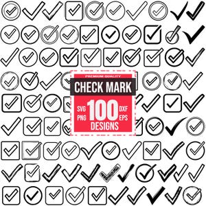 Könnte beinhalten: Eine Sammlung von 100 schwarz-weißen Häkchen-Symbolen in verschiedenen Stilen, einschließlich Kreisen und Quadraten. Die Mitte zeigt eine rot-schwarze Grafik mit dem Text: PREMIUM QUALITY CHECK MARK 100 SVG PNG DXF EPS DESIGNS.