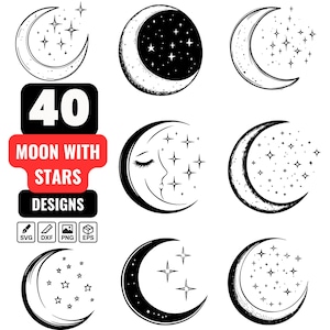 Moon With Stars Svg Bundle, Crescent Moon Svg, Night Sky Svg, Celestial Svg, Stars Clipart, Celestial for Cricut and Silhouette Studio