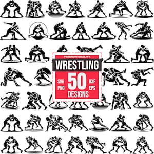 May include: A set of 50 black and white wrestling silhouette designs. The designs feature wrestlers in various poses and positions. The text "PREMIUM QUALITY WRESTLING 50 DESIGNS" is in a red box.