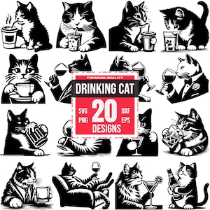 Puede incluir: Un conjunto de 20 ilustraciones vectoriales en blanco y negro de gatos bebiendo diversas bebidas. Las ilustraciones son de estilo de dibujos animados y presentan gatos bebiendo cerveza, vino, cócteles y otras bebidas. El texto "Drinking Cat" y "20 Designs" aparece en un cuadro rojo.