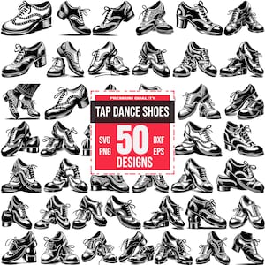 Puede incluir: Un conjunto de 50 ilustraciones en blanco y negro de zapatos de claqué. Las ilustraciones están en varias poses y ángulos, mostrando los detalles de los zapatos. El texto "TAP DANCE SHOES" y "50 DESIGNS" está en un cuadro rojo.