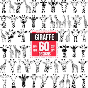 May include: A set of 60 black and white giraffe silhouette designs. The designs are in various poses and styles, including full body, headshots, and stylized versions. The text "PREMIUM QUALITY GIRAFFE 60 DESIGNS" is in a red box.