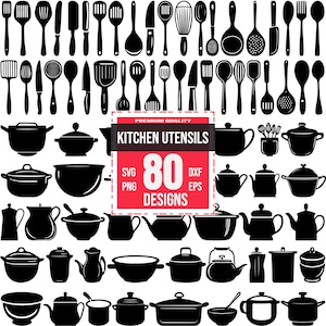 May include: A set of 80 black silhouette kitchen utensil designs, including spoons, spatulas, ladles, whisks, knives, and various pots and pans. The designs are perfect for crafting, scrapbooking, and other creative projects.