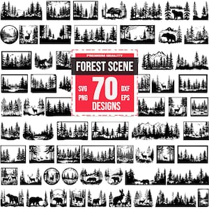 Puede incluir: Un conjunto de 70 diseños de siluetas de escenas de bosque en blanco y negro. Los diseños presentan árboles, montañas, animales y otros elementos de la naturaleza. Los diseños son perfectos para manualidades, scrapbooking y otros proyectos creativos.