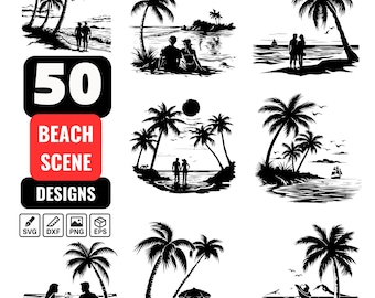 Beach Scene SVG Bundle, 50 Tropical Beach Designs,Palm Tree and Ocean Vector Art,Summer Vacation Silhouettes files for Cricut and Silhouette