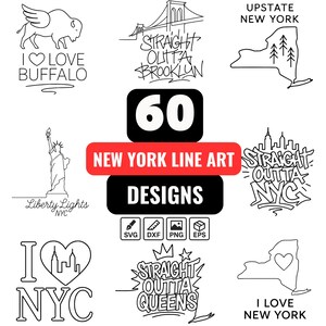 May include: A collection of 60 New York line art designs in black and white. The designs include the Statue of Liberty, the Brooklyn Bridge, and the text "I Love Buffalo," "Straight Outta Brooklyn," and "I Love New York."