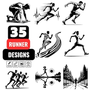 35 Runner SVG Designs – Running Silhouettes, Running Clipart Bundle – Marathon, Athlete, Jogger, Trail & Sprint, Athletic Runner