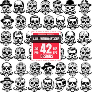 Skull with Moustache SVG Bundle | 42 Vintage & Hipster Skull Designs | Biker, Tattoo, Cricut Cut