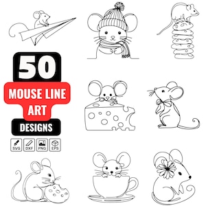 May include: A collection of 50 mouse line art designs in black and white. The designs include mice with a paper airplane, wearing a hat and scarf, on a stack of cookies, on cheese, with a bow, eating a cookie, in a teacup, and with a flower.