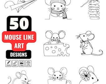 Mouse Line Art SVG Bundle | 50 Cute Mouse One Line Drawing Clipart PNG | Minimalist Mouse Outline, Cheese, Cup, Cookie, Cricut