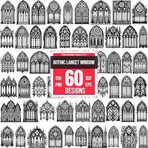 60 Gothic Lancet Window SVG Bundle, Stained Glass Window Clipart, Gothic Architecture Vector, Church Window Laser Cut Design