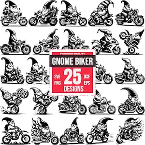 May include: A set of 25 black and white vector illustrations of gnomes riding motorcycles. The gnomes are wearing various hats and clothing, and the motorcycles are in different poses. The illustrations are perfect for use in crafting projects, scrapbooking, or digital design.