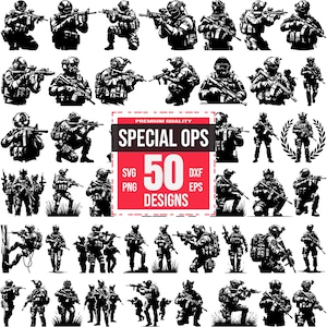 Op de afbeelding: Een set van 50 zwart-witte silhouetontwerpen van soldaten in verschillende poses, met wapens en tactische uitrusting. De ontwerpen zijn gelabeld met "Special Ops" en "50 Designs".