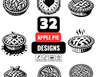 32 tartas de manzana SVG, tartas caseras Clipart, postres de panadería PNG, pasteles recién horneados DXF, tarta de Acción de Gracias Vector, dulces Diseño digital