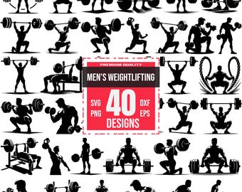 Peut inclure: Une collection de 40 motifs d'haltérophilie en formats SVG, PNG, DXF et EPS. Les motifs présentent des silhouettes de personnes effectuant divers exercices d'haltérophilie, notamment des squats, des développés couchés et des levés au-dessus de la tête. Le texte "Men's Weightlifting" est également inclus.