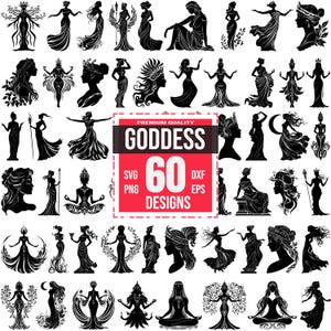 Puede incluir: Un conjunto de 60 diseños de siluetas en blanco y negro de diosas en varias poses. Los diseños son perfectos para manualidades, scrapbooking y otros proyectos creativos. El texto "PREMIUM QUALITY GODDESS 60 DESIGNS SVG PNG DXF EPS" se muestra en un cuadro rojo.