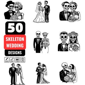 50 Skeleton Wedding SVG Designs with Bride and Groom Skeleton Couple for Halloween, Day of the Dead, and Gothic Wedding Projects