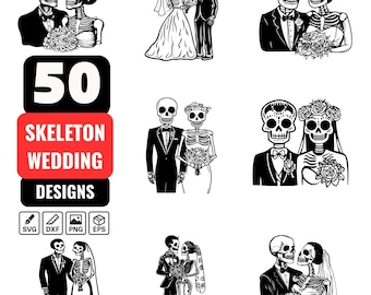 50 Skeleton Wedding SVG Designs with Bride and Groom Skeleton Couple for Halloween, Day of the Dead, and Gothic Wedding Projects