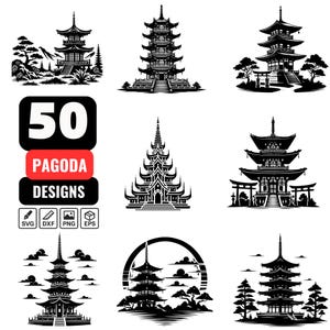 Pode incluir: Ilustrações em preto e branco de pagodes em vários designs. A imagem inclui um gráfico com o número 50, a palavra "PAGODA" em vermelho e "DESIGNS" em preto, juntamente com ícones de tipos de arquivo.