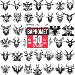 Könnte beinhalten: Ein Set mit 50 Schwarzweiß-Vektorillustrationen von Baphomet, einer Ziegenkopfgottheit. Die Illustrationen zeigen verschiedene Posen und Designs, darunter Baphomet mit Flügeln, Hörnern und einem Pentagramm. Der Text "PREMIUM QUALITY BAPHOMET 50 DESIGNS" wird in einem roten Kasten angezeigt.