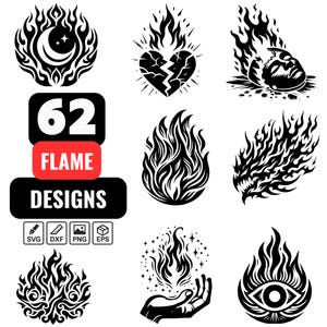 Può includere: Una collezione di 62 disegni di fiamme in bianco e nero. I disegni includono fiamme attorno a una luna crescente, un cuore spezzato, una testa umana e altre illustrazioni di fiamme stilizzate. Sono incluse anche icone di tipo di file.