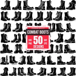 Könnte beinhalten: Ein Set mit 50 Schwarzweiß-Vektorillustrationen von Kampfstiefeln. Die Illustrationen sind in verschiedenen Stilen und Winkeln dargestellt. Der Text "COMBAT BOOTS" und "50 DESIGNS" befindet sich in einem roten Kasten.