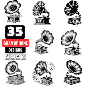 Gramophone SVG Bundle | 35 Vintage Record Player Designs | Retro Music Clipart, Phonograph Silhouette for Cricut and Laser Cut
