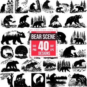 Bear Scene Svg Bundle, Wilderness bear png, Bear and mountains svg, Forest bear svg, Bear clipart png, Adventure theme svg, Bear vector