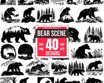 May include: A set of 40 black and white bear silhouette designs. The designs feature bears in various poses, including standing, sitting, walking, and fishing. The designs are perfect for use in crafting projects, scrapbooking, and more.