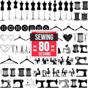 May include: A collection of 80 sewing designs in black and white. The designs include dress forms, spools of thread, buttons, hangers, scissors, sewing machines, and silhouettes of people sewing. The image has the text "SEWING 80 DESIGNS".