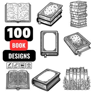 Op de afbeelding: Zwart-wit lijntekeningen van verschillende boekontwerpen. De afbeelding bevat open en gesloten boeken, stapels boeken en boeken met decoratieve covers. Tekst luidt "100 BOOK DESIGNS" met pictogrammen voor bestandstypen.
