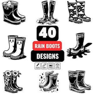 May include: Black and white illustration featuring 40 rain boot designs. The designs include boots with a frog, cloud patterns, floral designs, and smiling faces. The image also includes the text "40 Rain Boots Designs" with file type icons.