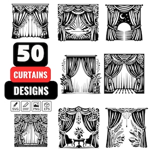 Curtains SVG Bundle, 50 Curtain Clipart, Window Drapes svg png dxf eps, Vintage Curtain Silhouette, Home Decor Vector, Instant Download