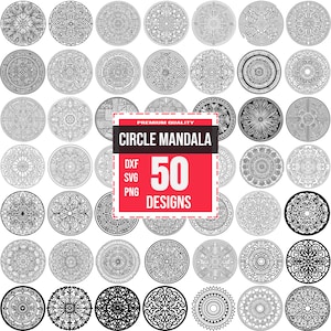 May include: A selection of 50 black and white circle mandala designs. The designs feature detailed patterns and geometric forms. A red square in the image displays the text "CIRCLE MANDALA" and "50 DESIGNS".