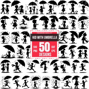 50 SVG-designer för barn med paraply | Regnig dag, barnclipart, vädertema för hantverk och dekoration