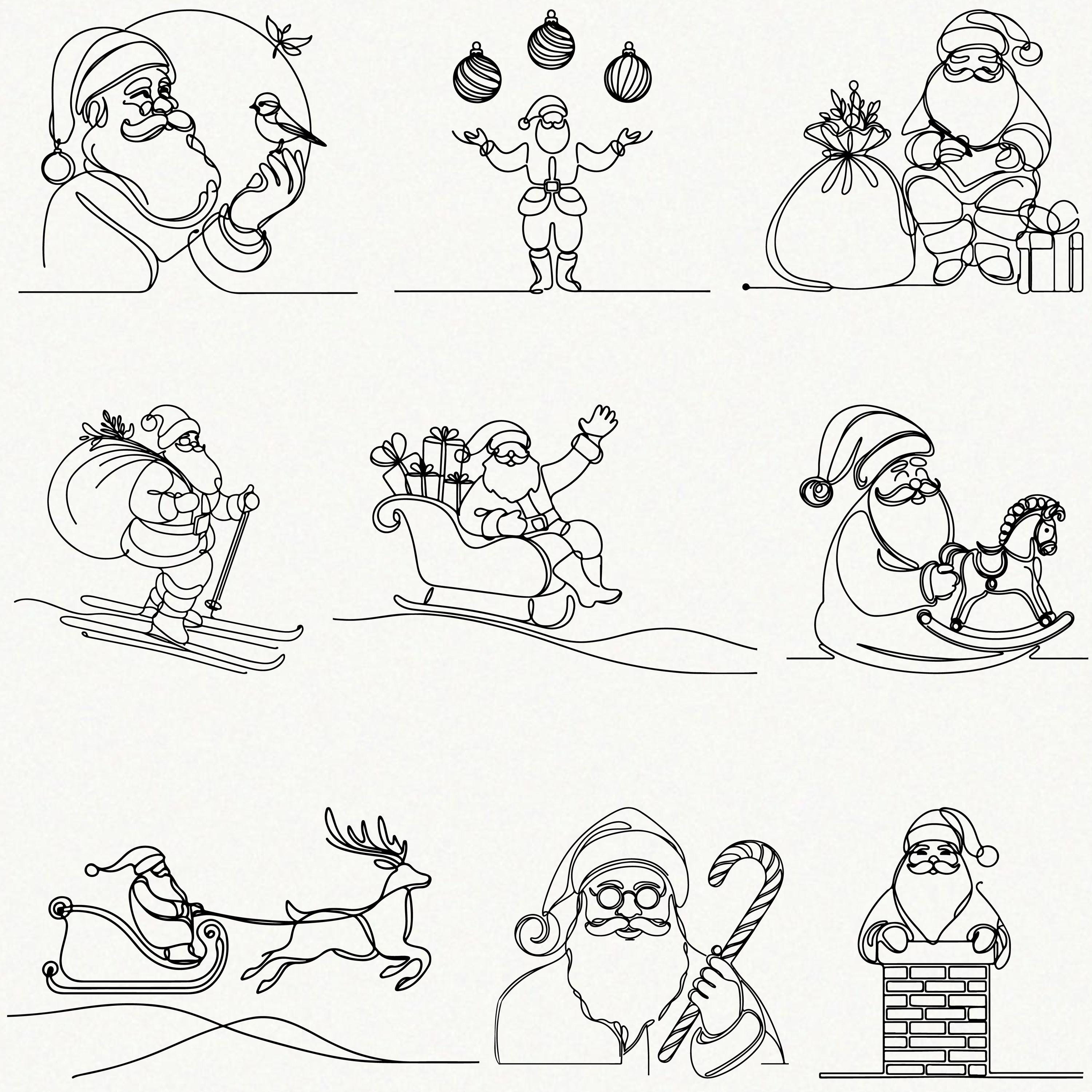 Santa Line Art Bundle – 50 Christmas Santa Claus One Line Drawings for ...