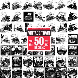 Puede incluir: Un conjunto de 50 ilustraciones de trenes vintage en blanco y negro. Las ilustraciones representan trenes, puentes, montañas y otros paisajes. El texto "Premium Quality Vintage Train 50 Designs SVG PNG DXF EPS" se muestra en un cuadro rojo.