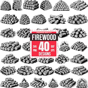 40 Firewood SVG Bundle, Stack of Wood Clipart, Chopped Logs Cut Files for Cricut, Rustic Fireplace Wood Vector Art, Lumber Silhouette